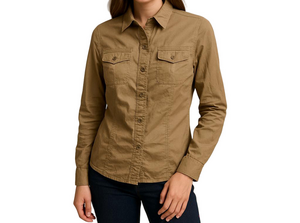 Chicos Silk Blend size 1 medium brown long sleeve button up collared shirt
